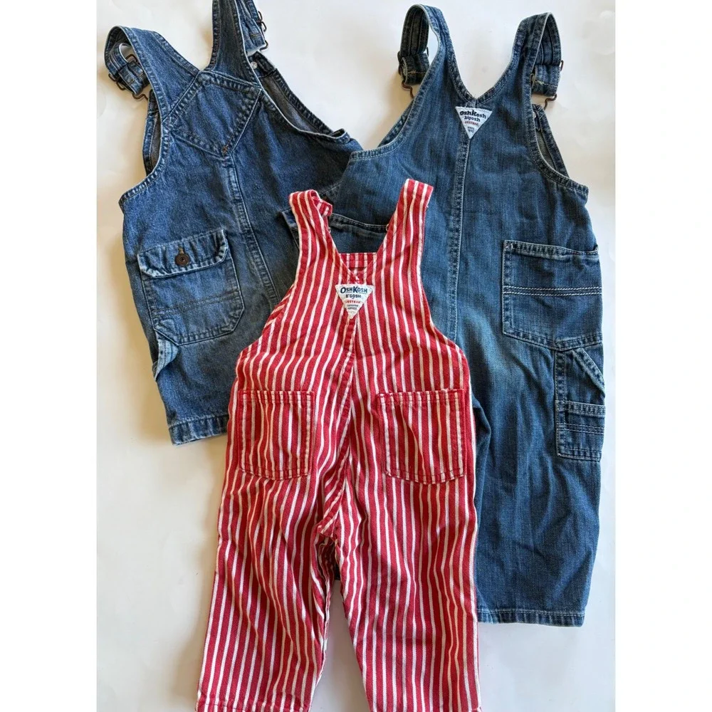 OshKosh B'gosh Toddler Overalls Bundle 18M Denim & Red Striped 3 PC Shortall